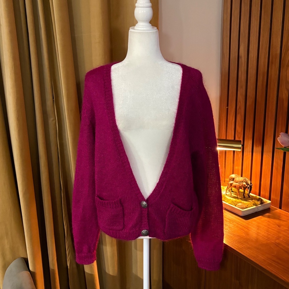 Vtg 90s Worthington Mohair Blend Cardigan Magenta Fuchsia Pink Knit Sweater M